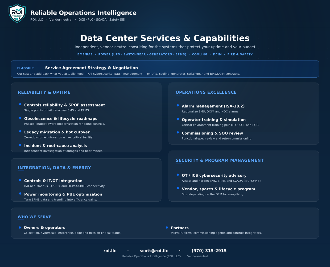 Data Center Services and Capabilities: reliability and uptime, operations excellence, integration and energy, security and program management, and who we serve